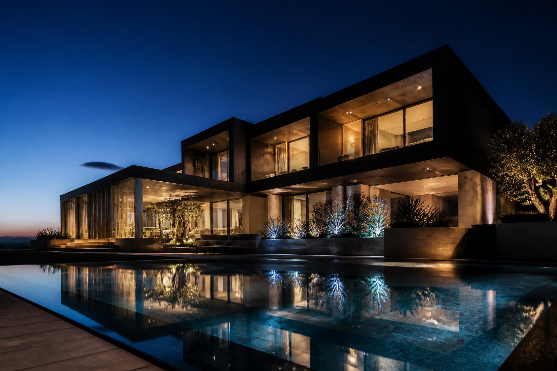 Luxury smart home illuminated at dusk